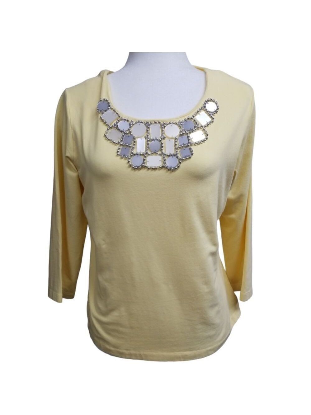 Ruby Rd Scoop Neck Embellished Short Sleeve Yellow Tee Size Medium